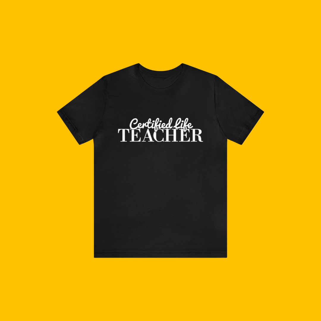 Images displaying the T-shirt worn by a homeschooling parent possibly teaching or engaging in everyday activities.