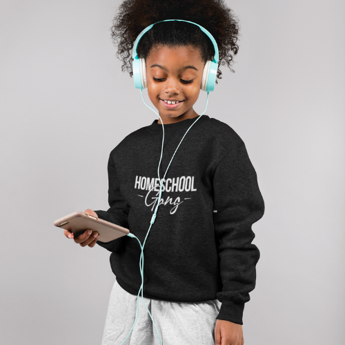 Child wearing the Kids Homeschool Gang Sweatshirt, showcasing its cool design and comfortable fit.